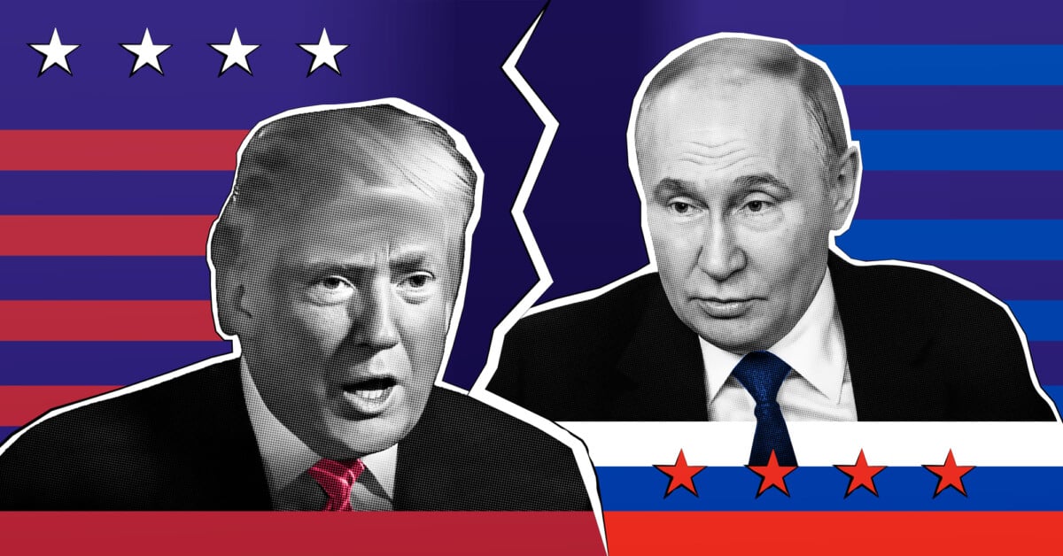 Portrait of Donald Trump and Vladimir Putin. Halftone collage effect.
